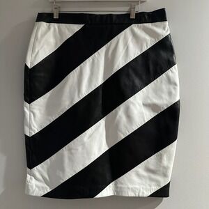 Vintage Leather Pencil Skirt Womens Medium Black White Striped Good Mod 80s